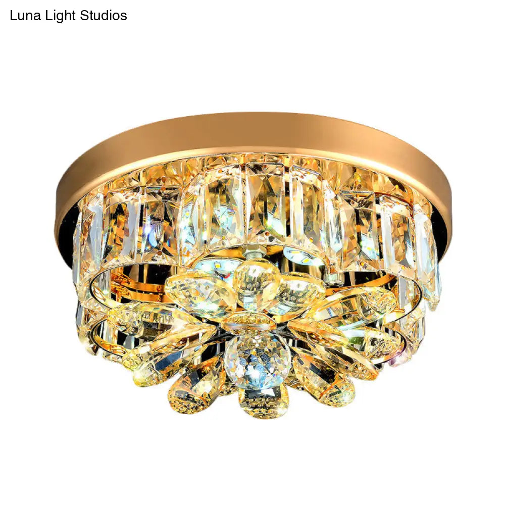 Gold Beveled - Cut Crystal Led Ceiling Flush Light - Modern Style Small Flower