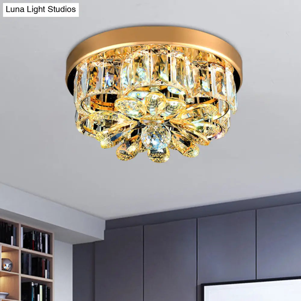 Gold Beveled - Cut Crystal Led Ceiling Flush Light - Modern Style Small Flower