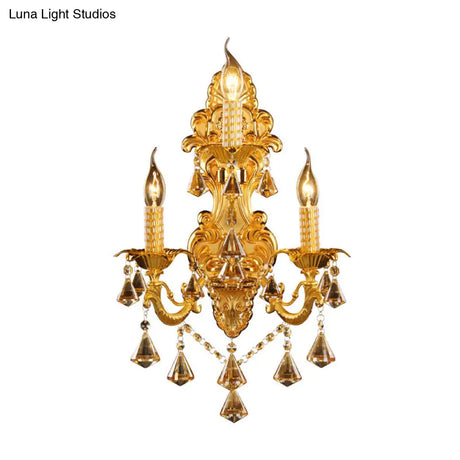 Gold Candelabra Wall Light With Crystal Decoration - Traditional Metal Sconce For Bedroom (3 Heads)