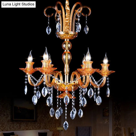 Gold Candle Chandelier With Prism Glass: Traditional Lighting Fixture For Dining Room