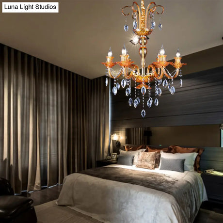 Gold Candle Chandelier With Prism Glass: Traditional Lighting Fixture For Dining Room
