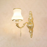 Gold Carved Arm Wall Sconce Light - Traditional Metal Bedroom With White Lampshade 1 / F