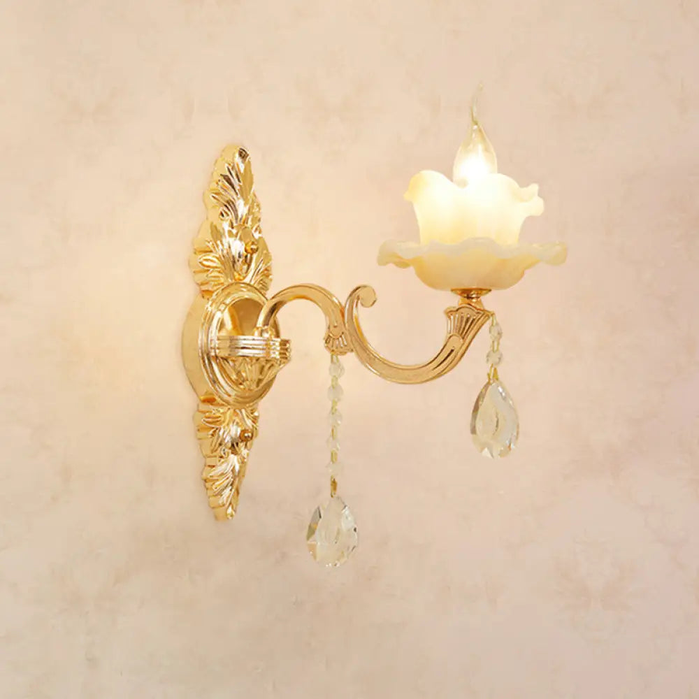 Gold Carved Arm Wall Sconce Light - Traditional Metal Bedroom With White Lampshade 1 / H