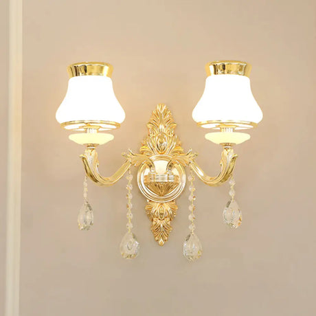 Gold Carved Arm Wall Sconce Light - Traditional Metal Bedroom With White Lampshade 2 / A