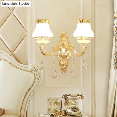 Gold Carved Arm Wall Sconce Light - Traditional Metal Bedroom With White Lampshade