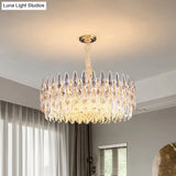 Gold Chandelier With 6 Clear Crystal Teardrop Heads - Modern Hanging Ceiling Light