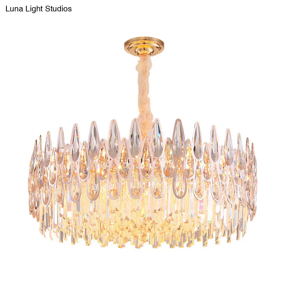 Gold Chandelier With 6 Clear Crystal Teardrop Heads - Modern Hanging Ceiling Light