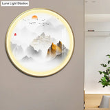 Gold Chinese Metal Led Wall Light With Mountain And Sun Pattern - Round Mural Design