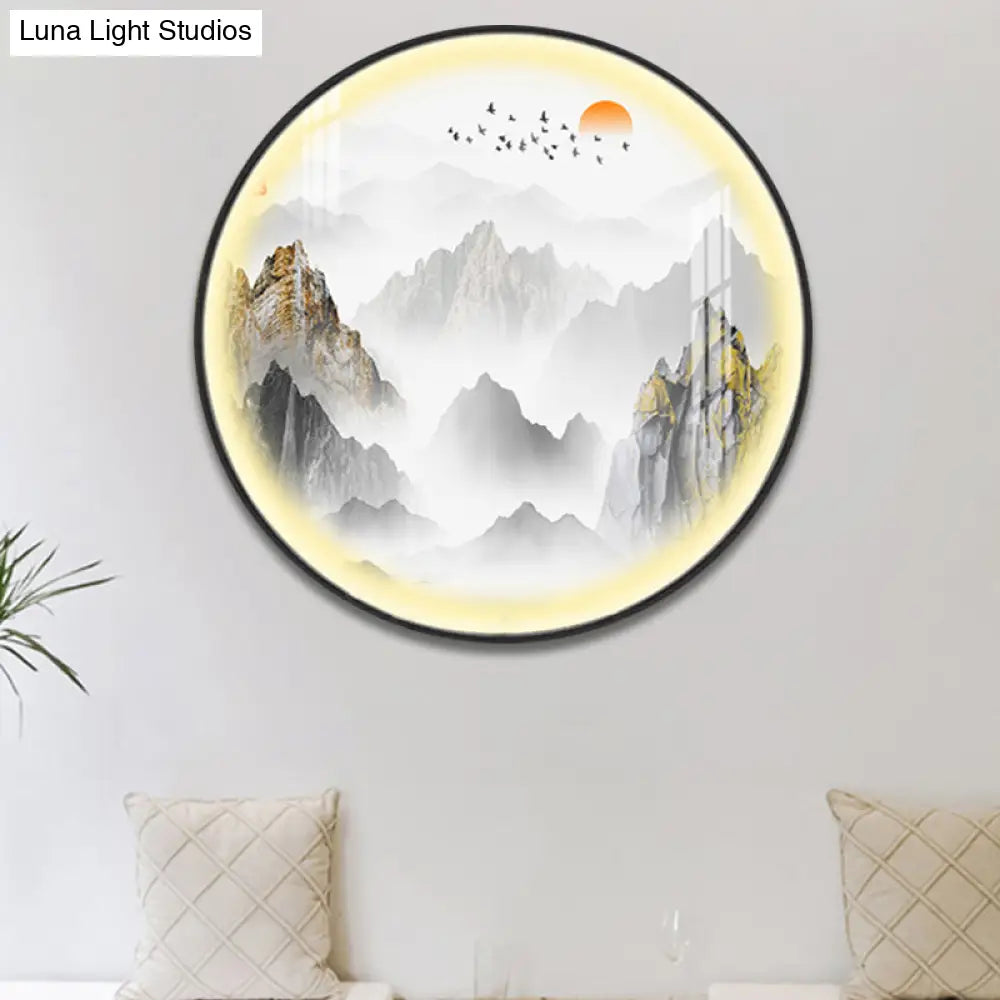 Gold Chinese Metal Led Wall Light With Mountain And Sun Pattern - Round Mural Design