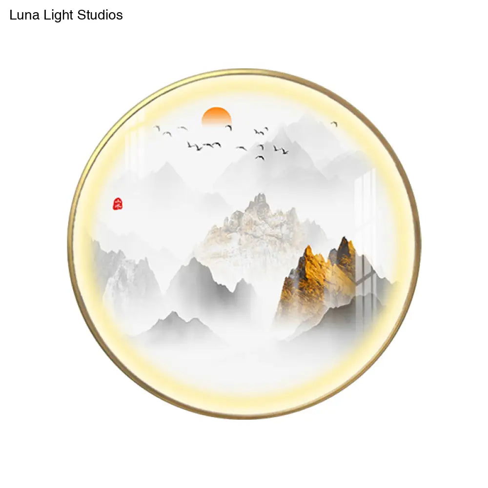 Gold Chinese Metal Led Wall Light With Mountain And Sun Pattern - Round Mural Design