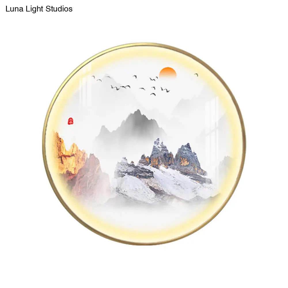 Gold Chinese Metal Led Wall Light With Mountain And Sun Pattern - Round Mural Design