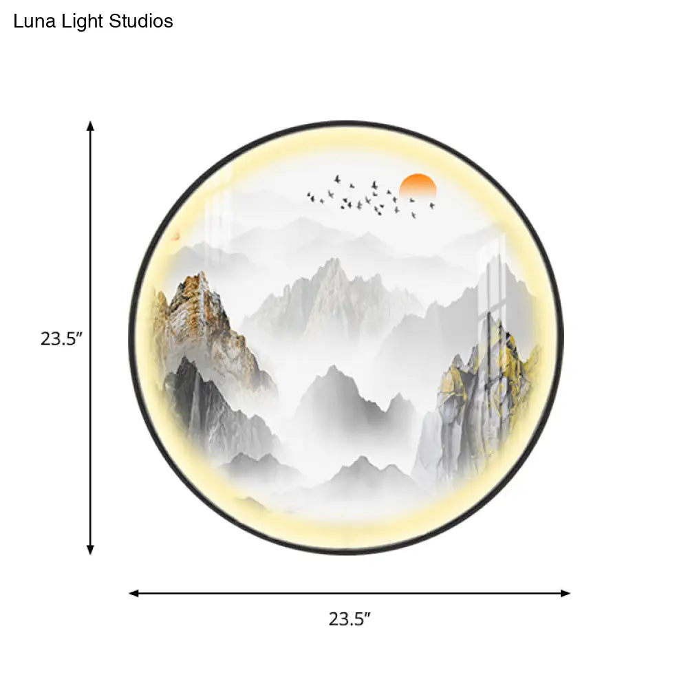 Gold Chinese Metal Led Wall Light With Mountain And Sun Pattern - Round Mural Design