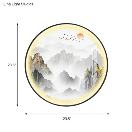 Gold Chinese Metal Led Wall Light With Mountain And Sun Pattern - Round Mural Design