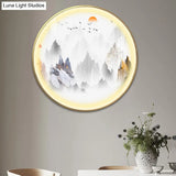 Gold Chinese Metal Led Wall Light With Mountain And Sun Pattern - Round Mural Design