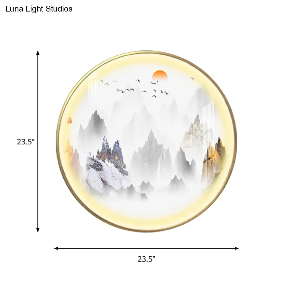 Gold Chinese Metal Led Wall Light With Mountain And Sun Pattern - Round Mural Design