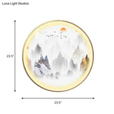 Gold Chinese Metal Led Wall Light With Mountain And Sun Pattern - Round Mural Design