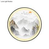 Gold Chinese Metal Led Wall Light With Mountain And Sun Pattern - Round Mural Design