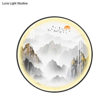 Gold Chinese Metal Led Wall Light With Mountain And Sun Pattern - Round Mural Design