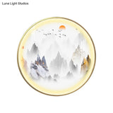 Gold Chinese Metal Led Wall Light With Mountain And Sun Pattern - Round Mural Design