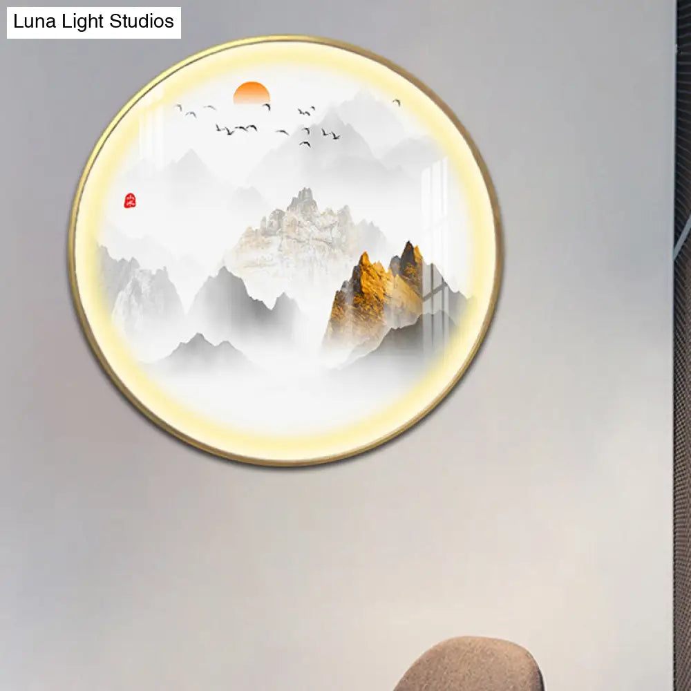 Gold Chinese Metal Led Wall Light With Mountain And Sun Pattern - Round Mural Design