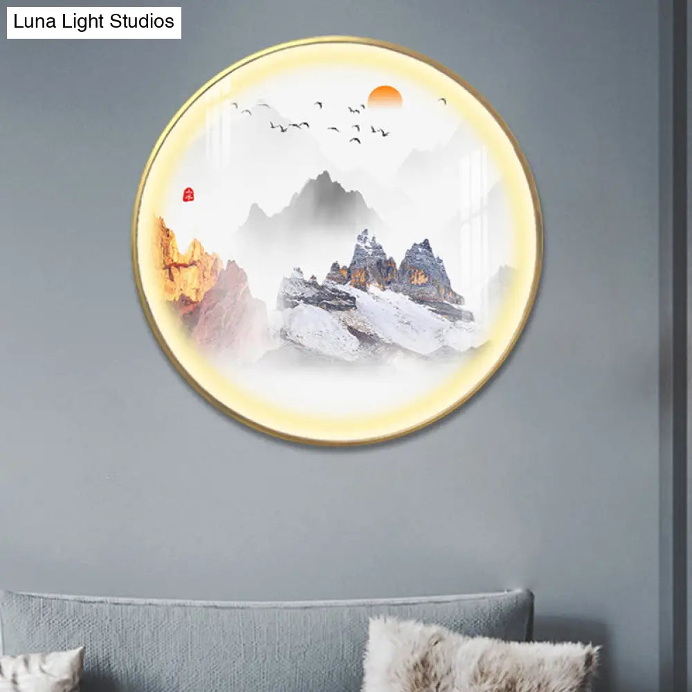 Gold Chinese Metal Led Wall Light With Mountain And Sun Pattern - Round Mural Design