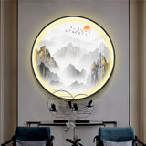Gold Chinese Metal Led Wall Light With Mountain And Sun Pattern - Round Mural Design / B