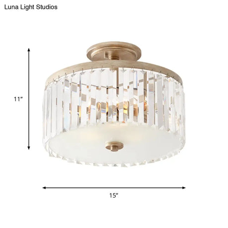 Gold Circle Crystal Block Semi Flush Mount With Recessed Lighting - 3 Bulbs Simplicity For Corridors