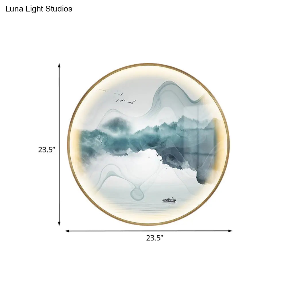 Gold Circular Mountain And Lake Mural Led Wall Light: Stunning Chinese Metallic Lighting Idea