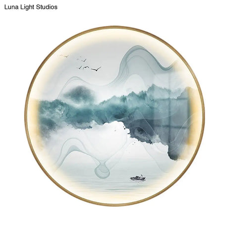 Gold Circular Mountain And Lake Mural Led Wall Light: Stunning Chinese Metallic Lighting Idea