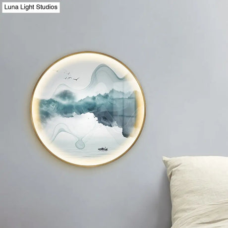 Gold Circular Mountain And Lake Mural Led Wall Light: Stunning Chinese Metallic Lighting Idea