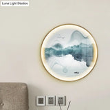 Gold Circular Mountain And Lake Mural Led Wall Light: Stunning Chinese Metallic Lighting Idea