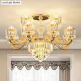 Gold Clear Crystal Drum Bedroom Chandelier: Modern Suspension Lighting Fixture