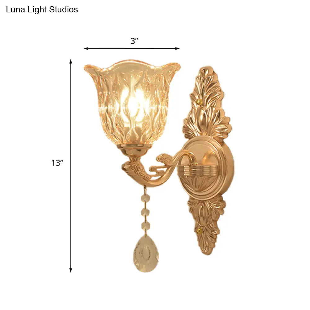 Gold Clear Textured Glass Sconce: Traditional Bell Shaped Wall Mounted Lamp - 1/2-Light