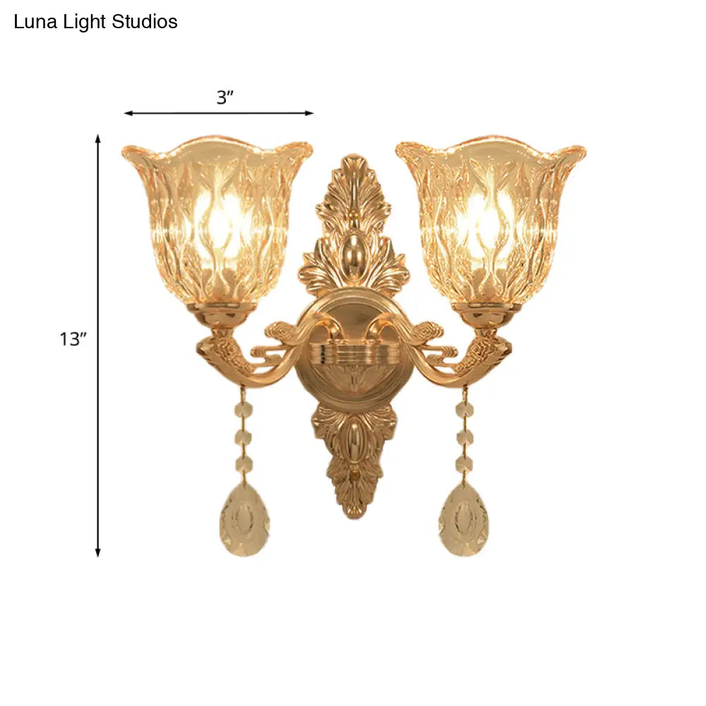 Gold Clear Textured Glass Sconce: Traditional Bell Shaped Wall Mounted Lamp - 1/2-Light