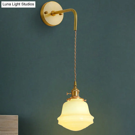 Gold Colonial Bell Sconce Lighting - Milky Glass Bedroom Wall Mounted Light Cord/Straight Arm 1 Bulb