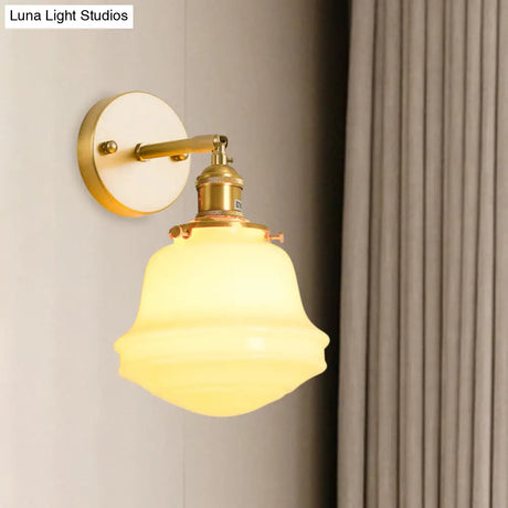 Gold Colonial Bell Sconce Lighting - Milky Glass Bedroom Wall Mounted Light Cord/Straight Arm 1 Bulb