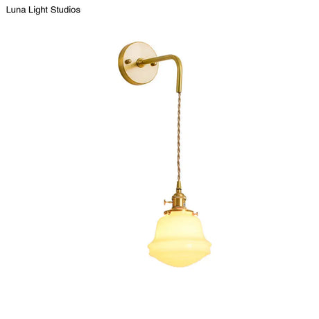 Gold Colonial Bell Sconce Lighting - Milky Glass Bedroom Wall Mounted Light Cord/Straight Arm 1 Bulb