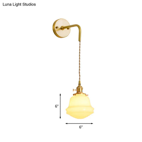 Gold Colonial Bell Sconce Lighting - Milky Glass Bedroom Wall Mounted Light Cord/Straight Arm 1 Bulb