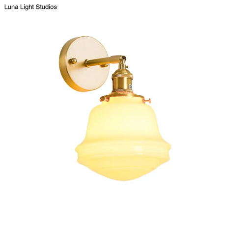 Gold Colonial Bell Sconce Lighting - Milky Glass Bedroom Wall Mounted Light Cord/Straight Arm 1 Bulb