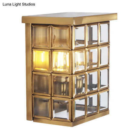 Gold Colonial Grid Flush Wall Sconce - Clear Glass Outdoor 2-Light Mount