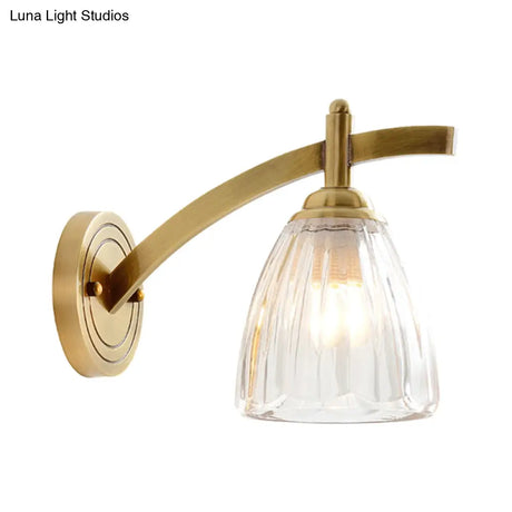 Gold Cone Sconce Lamp With Ribbed Glass Shade - Perfect Bedside Lighting Fixture