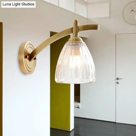 Gold Cone Sconce Lamp With Ribbed Glass Shade - Perfect Bedside Lighting Fixture