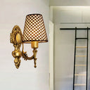 Gold Cone Wall Mount Sconce Light With Carved Lattice Fabric Shade Traditional Metal Design For