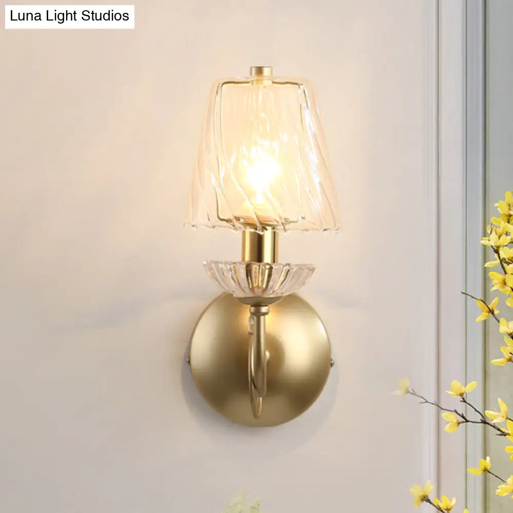 Gold Conical Sconce With Clear Twisted Glass Shade - Minimalist Single Bulb Wall Light