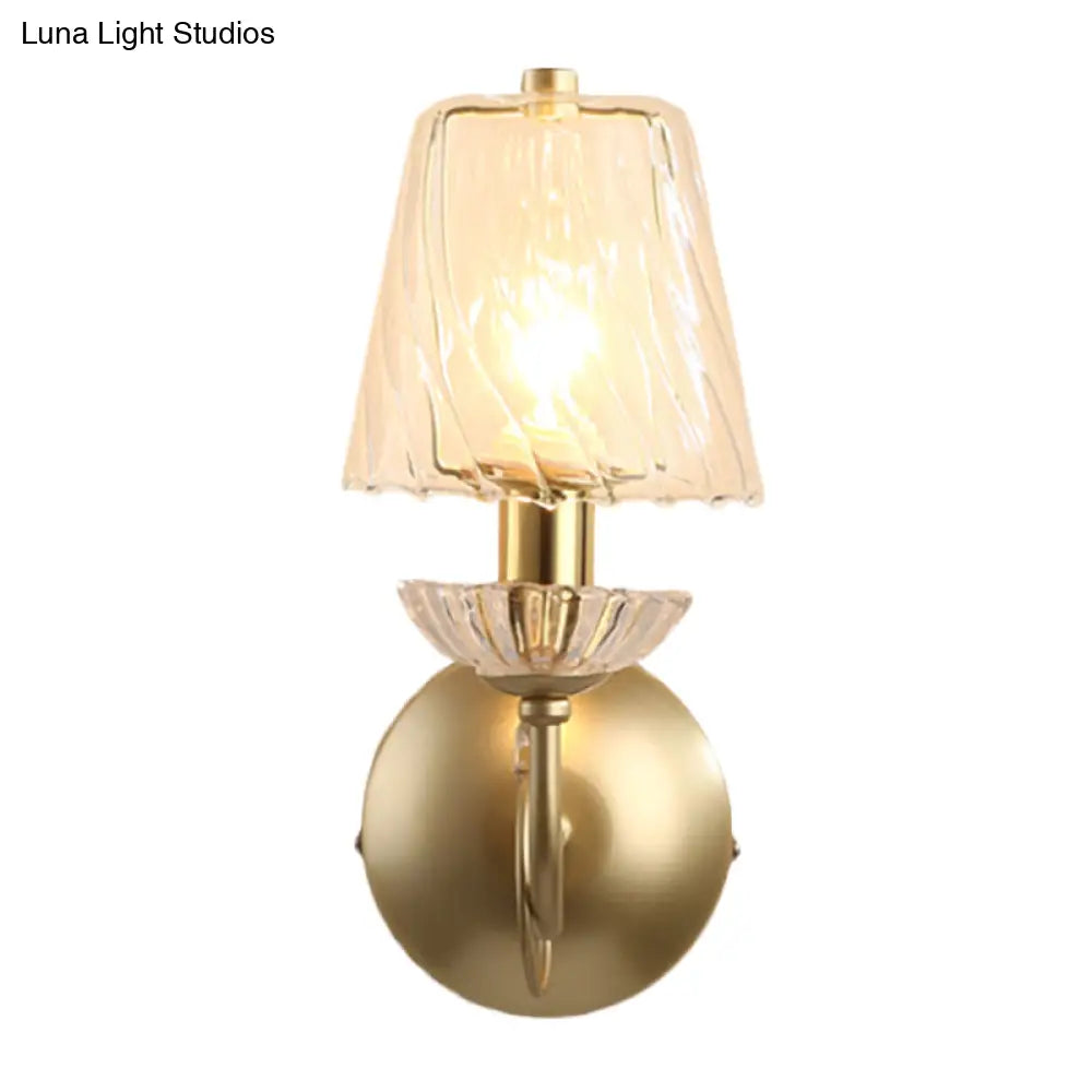 Gold Conical Sconce With Clear Twisted Glass Shade - Minimalist Single Bulb Wall Light