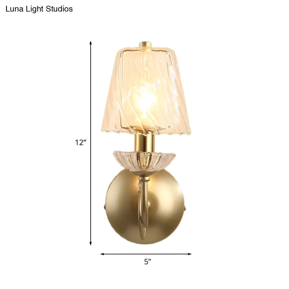 Gold Conical Sconce With Clear Twisted Glass Shade - Minimalist Single Bulb Wall Light