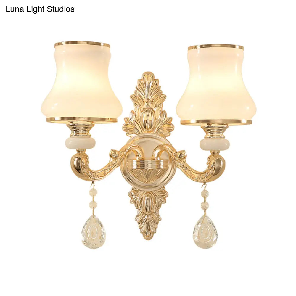 Gold Corridor Wall Light With Opaline Glass Shade And Crystal Accent