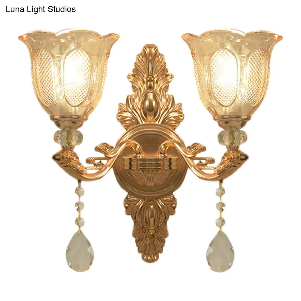 Gold Countryside Carved Glass Wall Sconce Light Fixture - 1/2-Light Scalloped Design