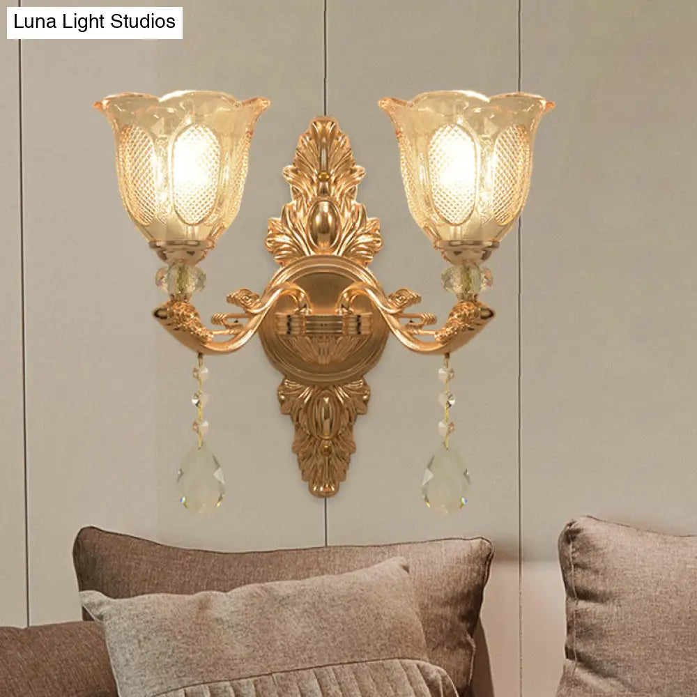 Gold Countryside Carved Glass Wall Sconce Light Fixture - 1/2-Light Scalloped Design