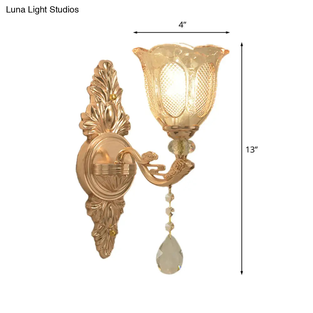 Gold Countryside Carved Glass Wall Sconce Light Fixture - 1/2-Light Scalloped Design